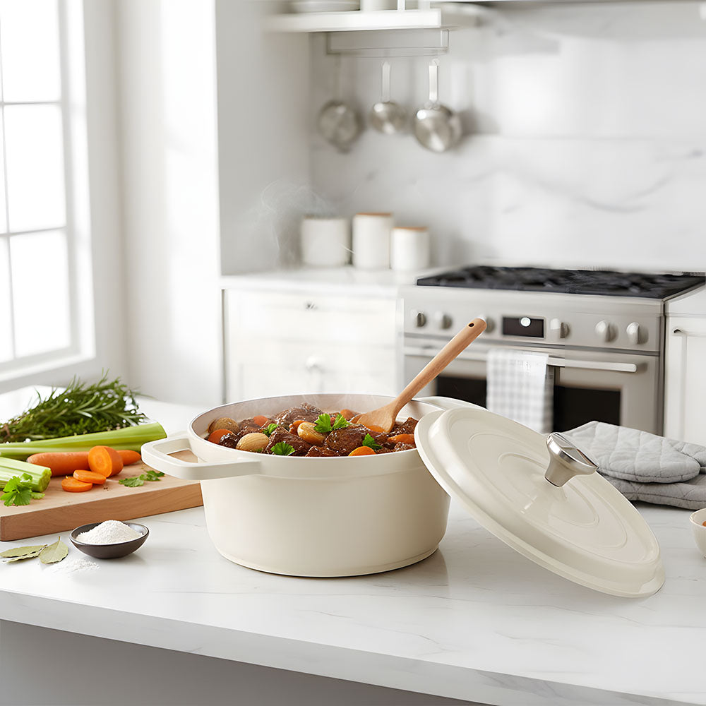 4.75l Enameled Cast Aluminium Dutch Oven Pot With Lid | Cream