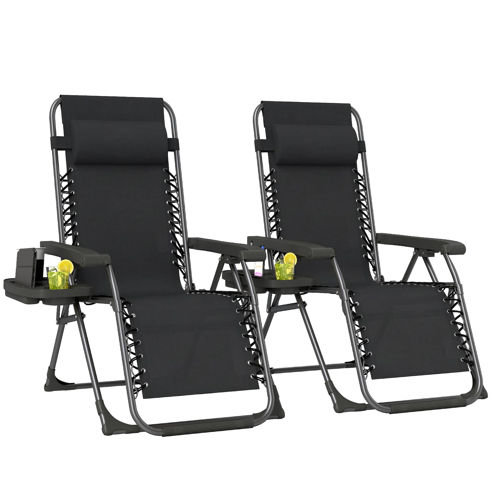Zero Gravity Chairs Set Of 2 With Cup Holder, Headrest | Black