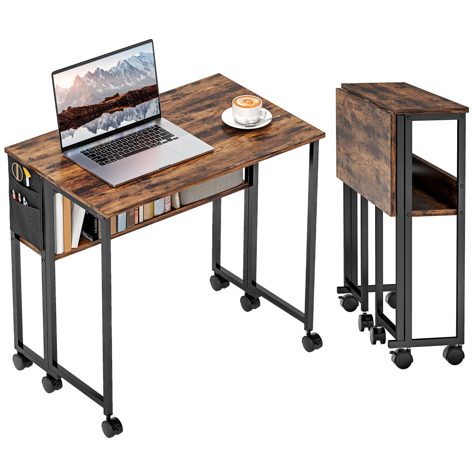 80 Cm Foldable Computer Desk On Wheels For Small Spaces | Brown