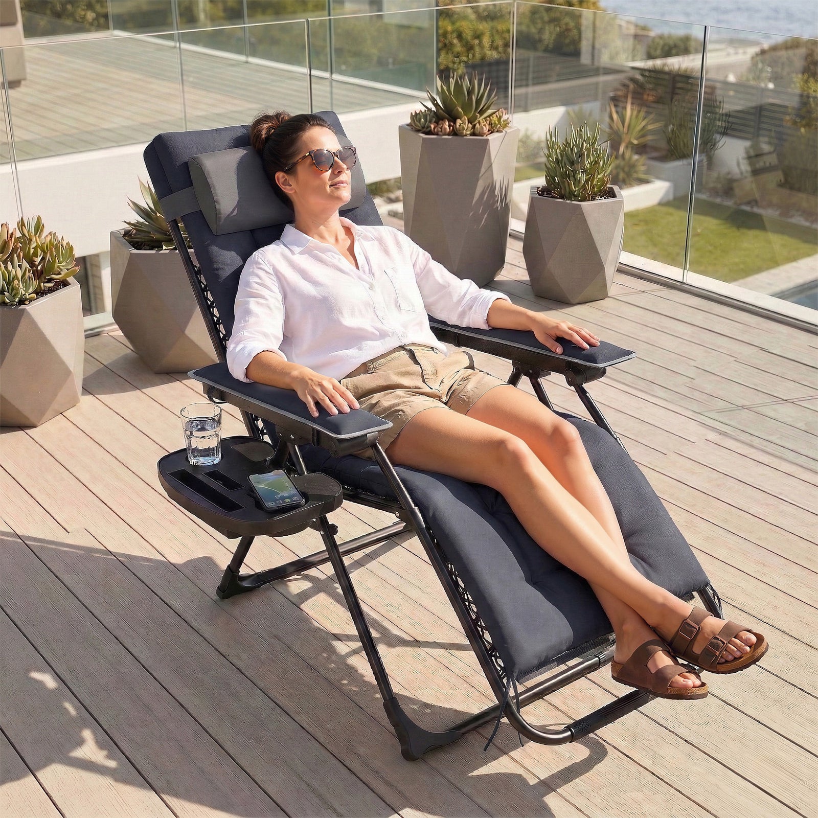 Zero Gravity Chair Sun Lounger With Cup Holder, Cushion | Dark Grey