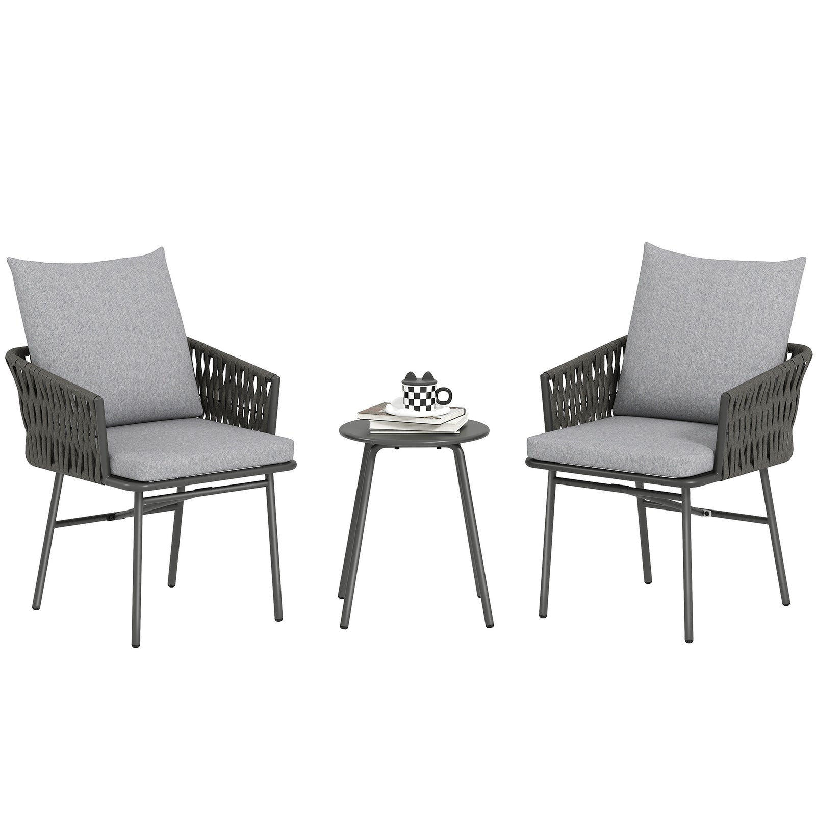 3-piece Rattan Bistro Set, Garden Table And Chairs, Grey