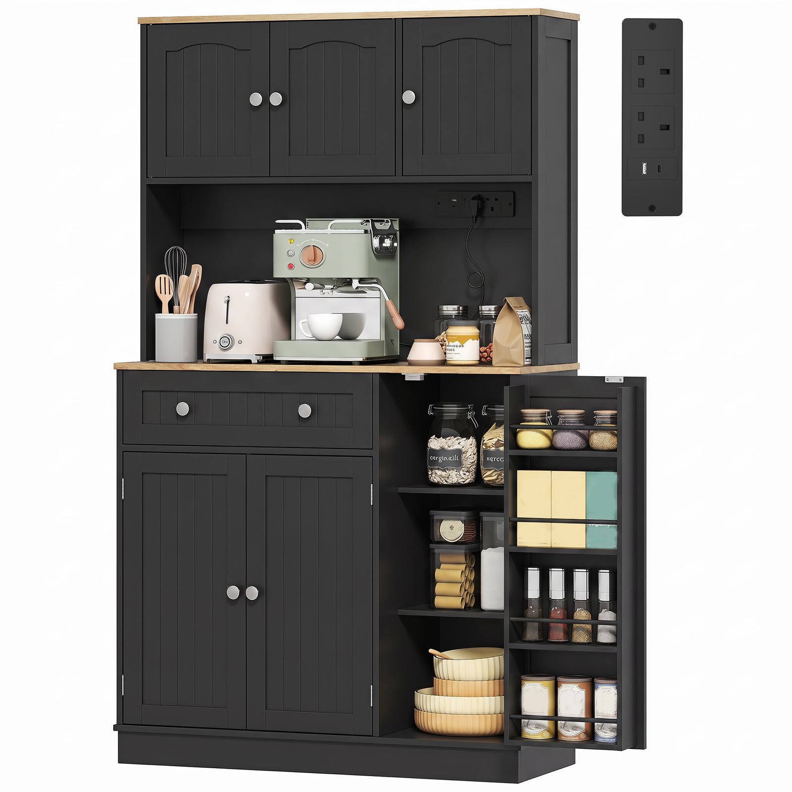 Pantry Storage Cabinet With Adjustable Shelves And 4 Door Racks | Black