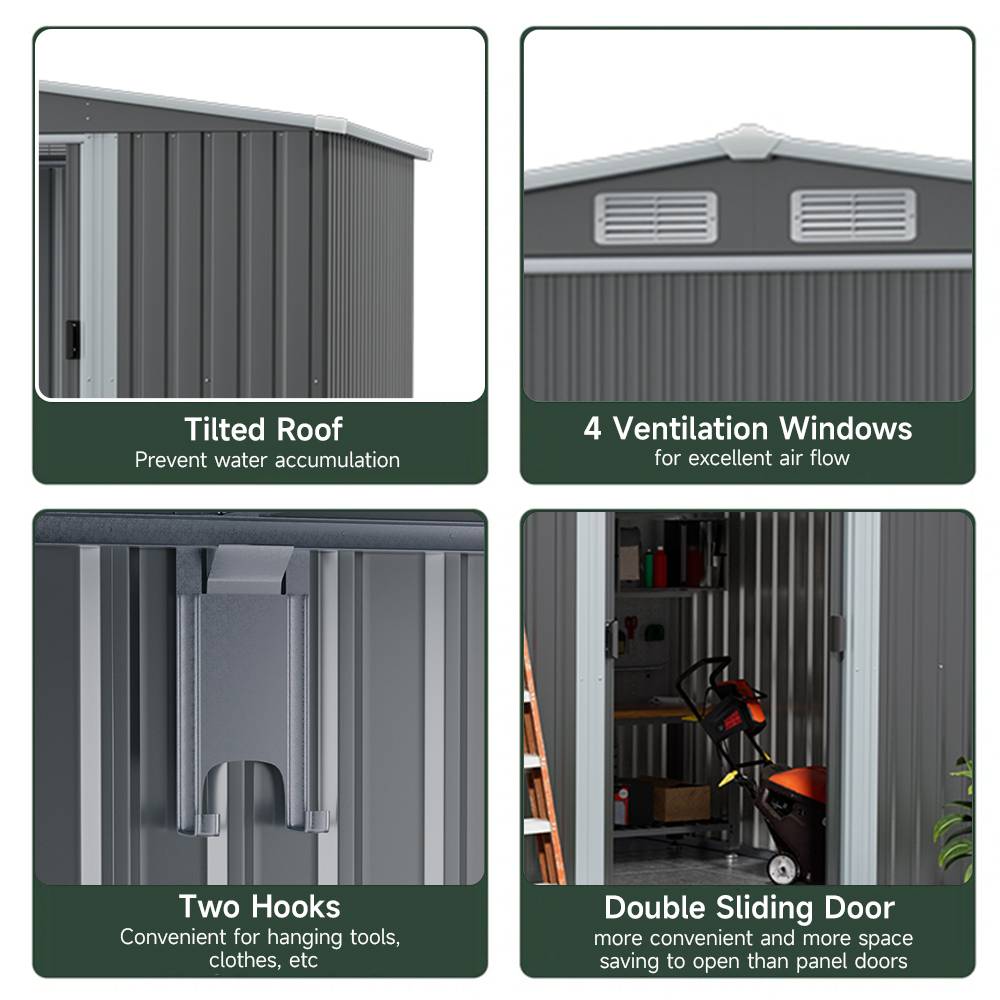 8x8ft Galvanized Steel Garden Shed With 1.1m Lean-to Extension & Shelves – Heavy Duty Outdoor Storage Shed With Firewood Roof & Ample Space