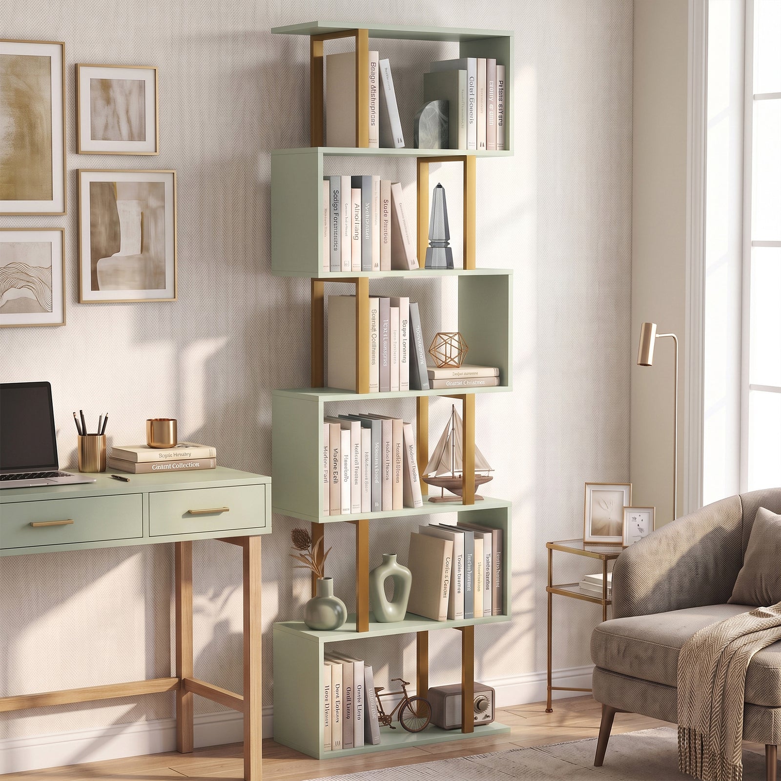 S-shaped Bookshelf, 6-tier Bookcase With Anti-tip Strap | Light Green