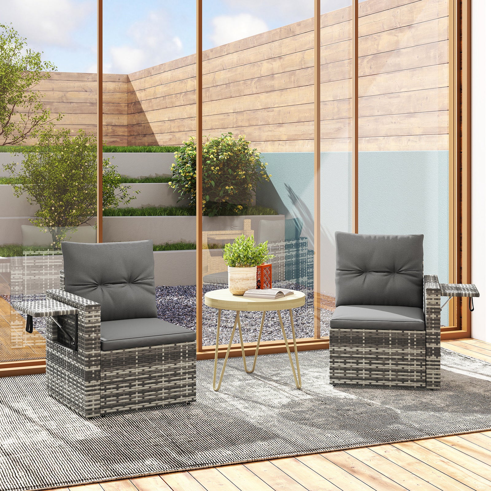 Rattan Garden Sofa With Hidden Side Trays 2 Seater, Dark Grey