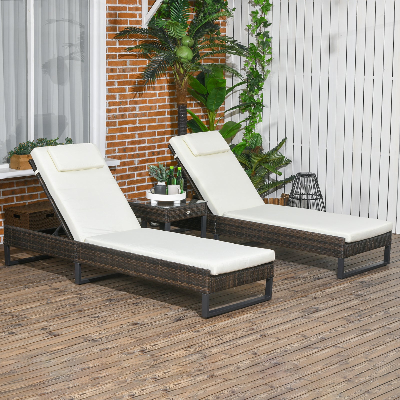3pc Rattan Sun Lounger Set W/ Cushions | Brown