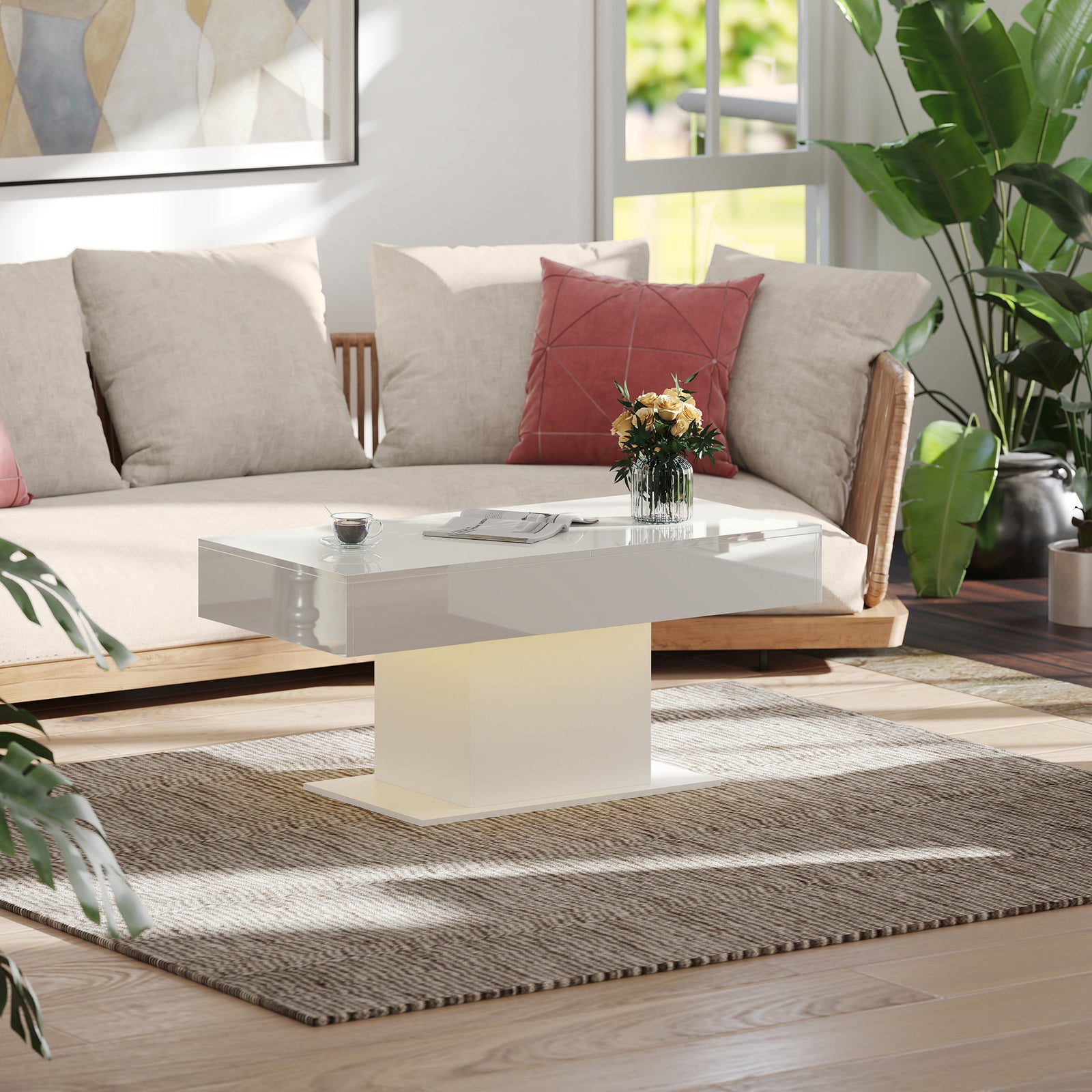HOMCOM Extendable Coffee Table, Living Room Table With Led Lights, White