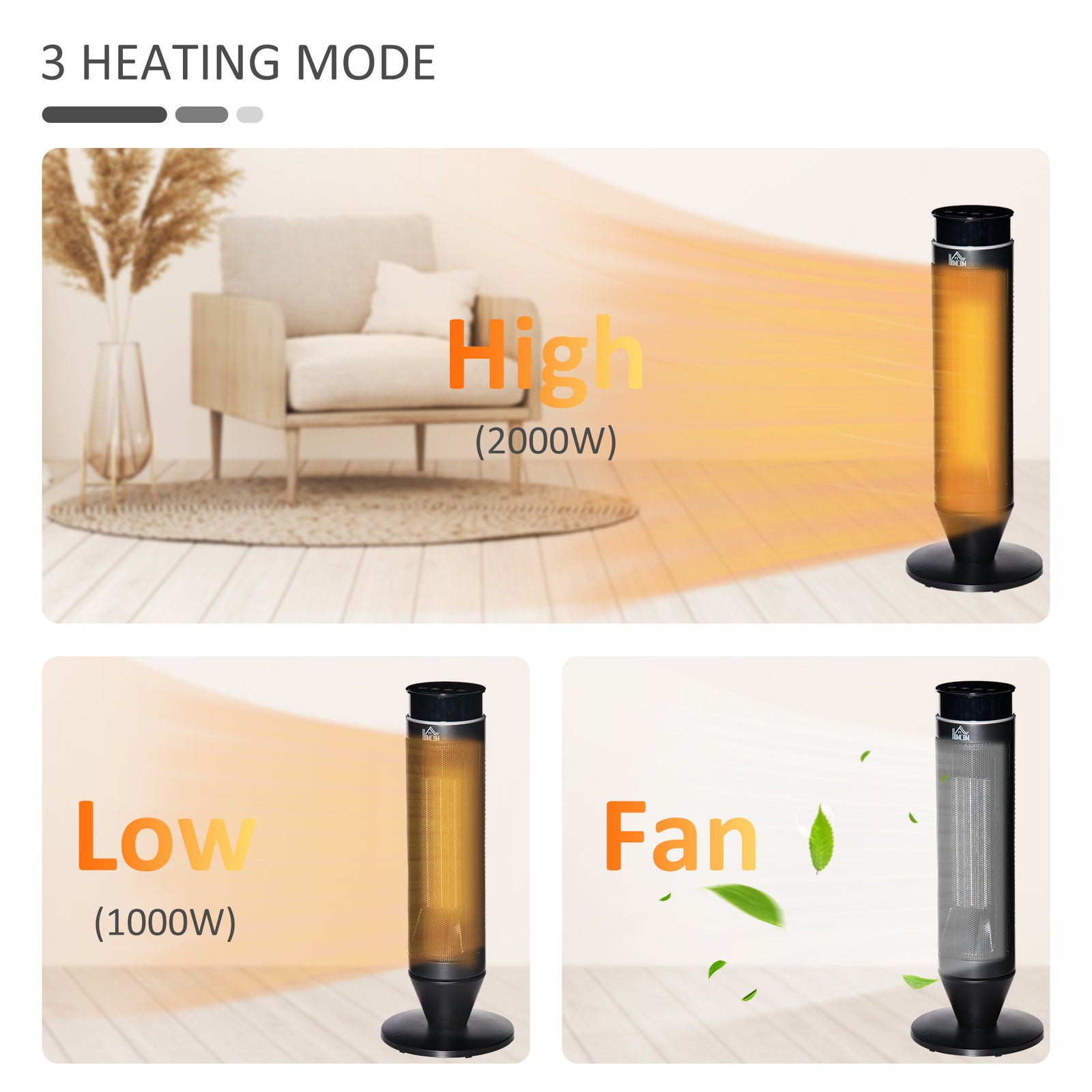 1000w/2000w Tower Heater With 42 Degree Oscillation Remote