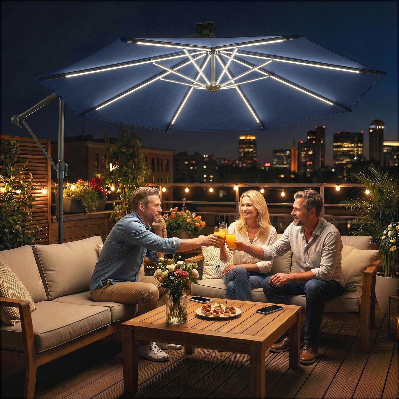 3 M Garden Cantilever Parasol With Solar Light, Rotation | Navy Blue