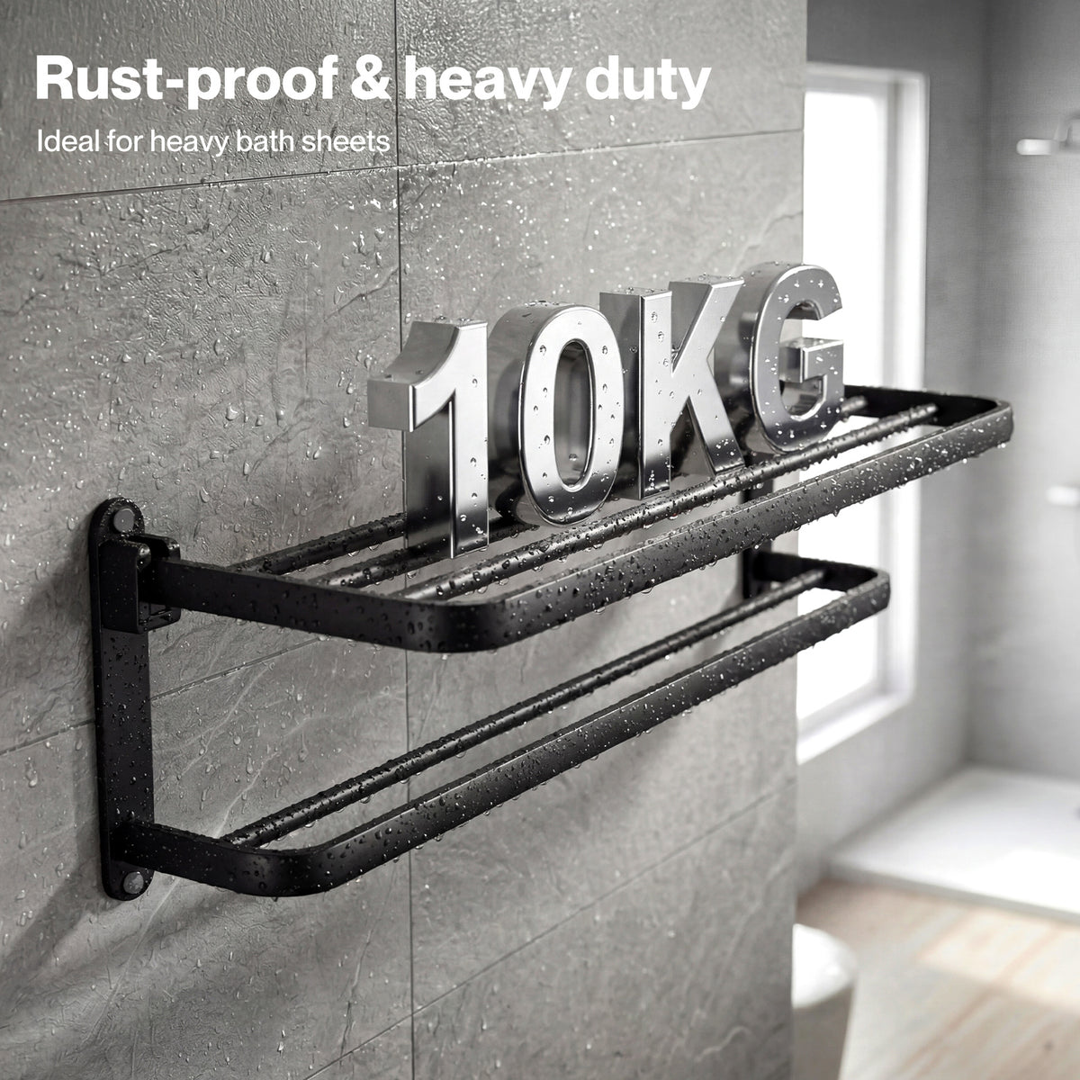 Towel Holder With 2 Bars Wall Mounted No Drill Bathroom Shelf Black | Black