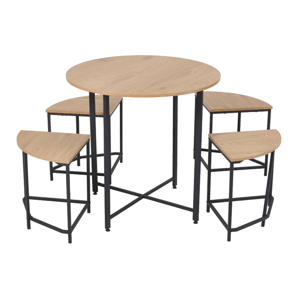 5-piece Round Dining Table Set With 4 Nesting Stools, Wood Grain Top & Black Metal Frame