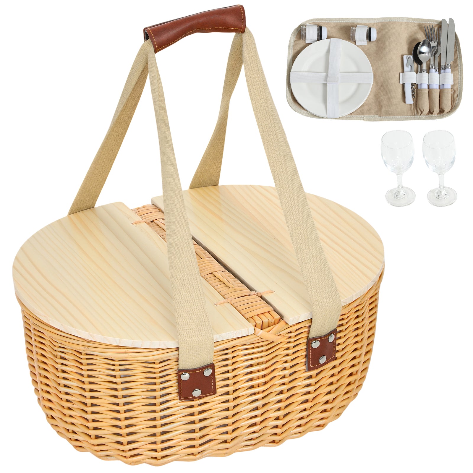 Wicker Picnic Basket For 2 W/ Pine Wood Lid