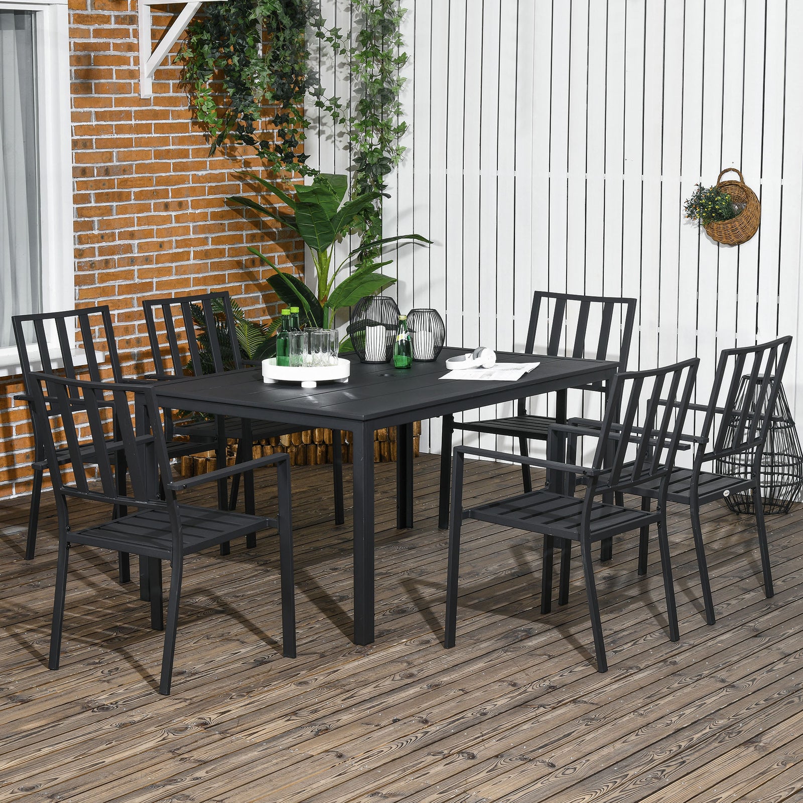 7 Pcs Garden Dining Set W/ Stackable Chairs