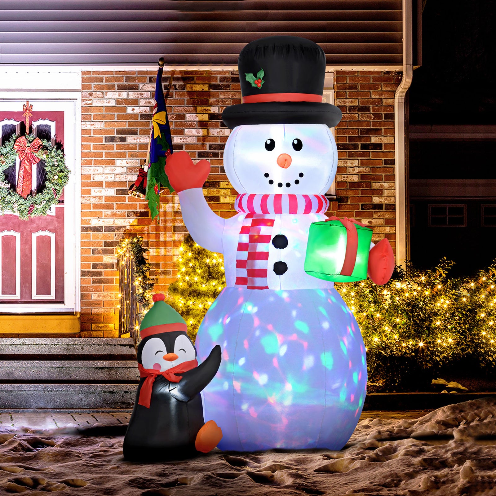 8ft Inflatable Snowman Holding Gift Box With Penguin Led
