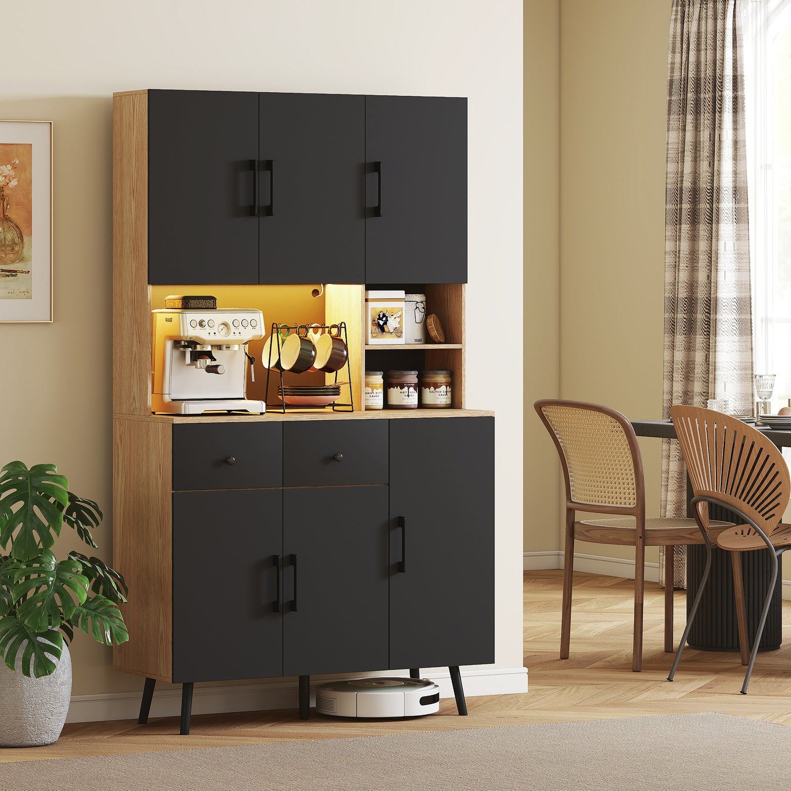 Tall Kitchen Cupboard With Led Lights And Adjustable Shelves, Oak