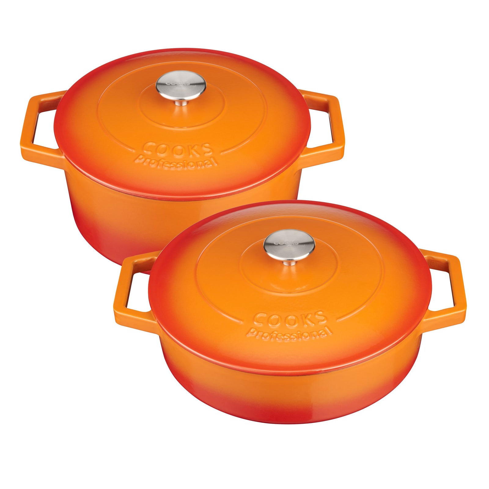 Cast Iron Casserole Set Of 2 26cm & 28cm / 4.3l & 5.8l Dishes Oven Proof Enamelled Cast Iron Pans With Lids | Orange