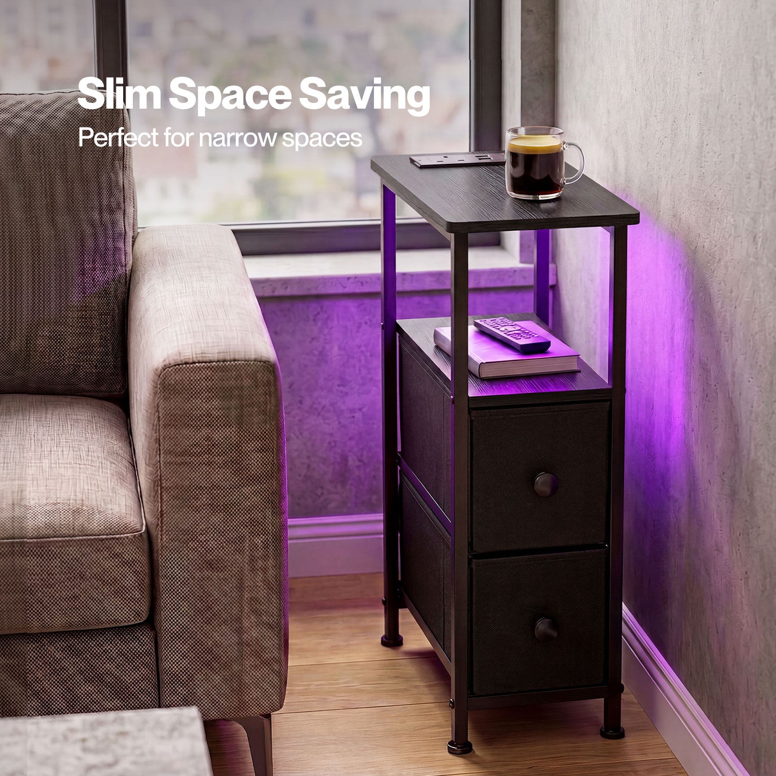 Bedside Table Narrow Side Table With Led Charging Station Storage Black | Black