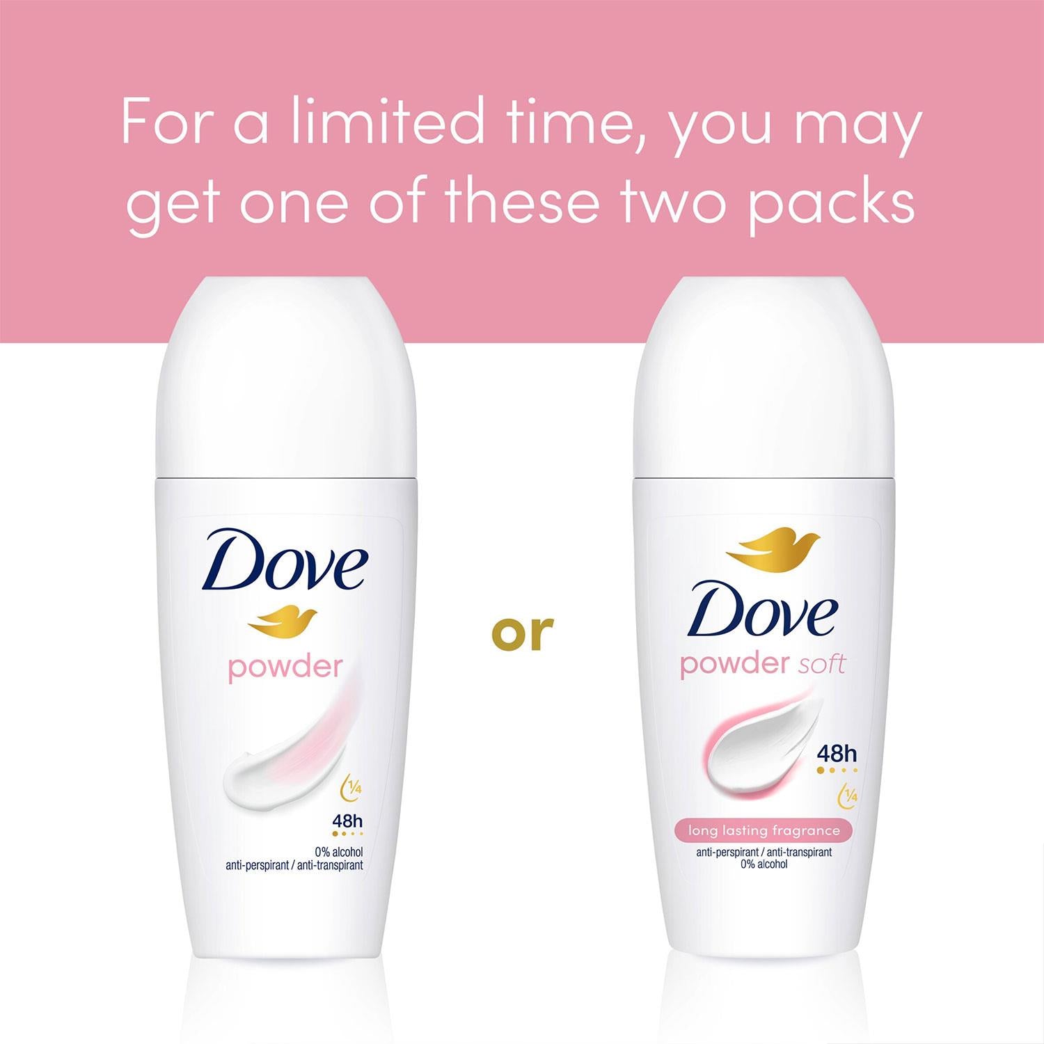 Powder Soft Roll On Anti-Perspirant with 48H Long Lasting Fragrance 50ml, 3pk