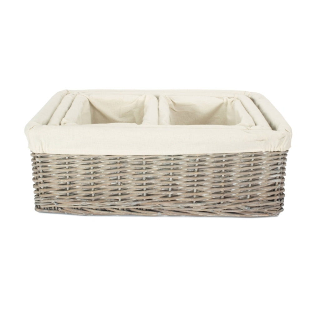 Set Of 4 Wicker Grey Wash Lined Storage Tray