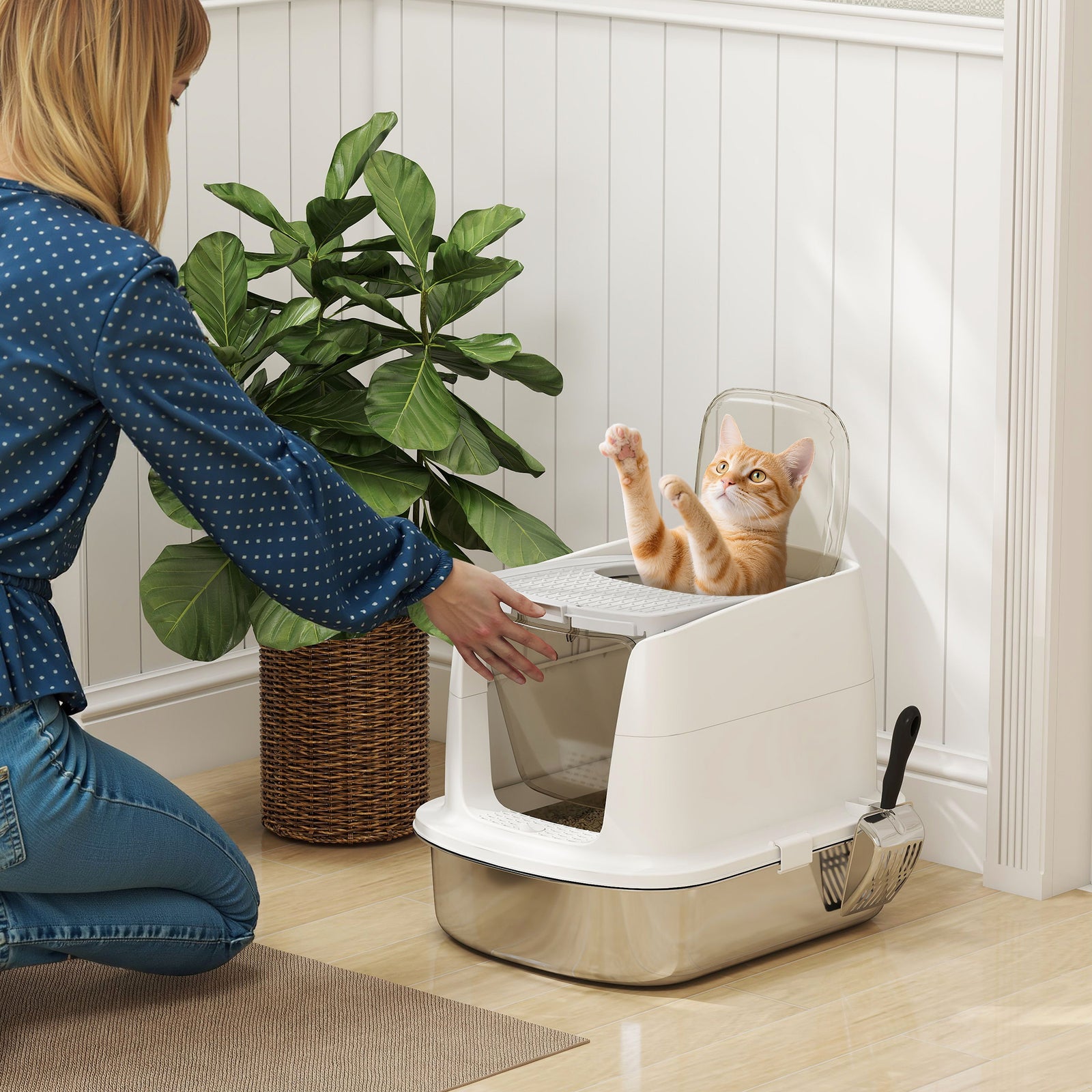 Stainless Steel Litter Box, Enclosed Metal Cat Litter Tray With Scoop