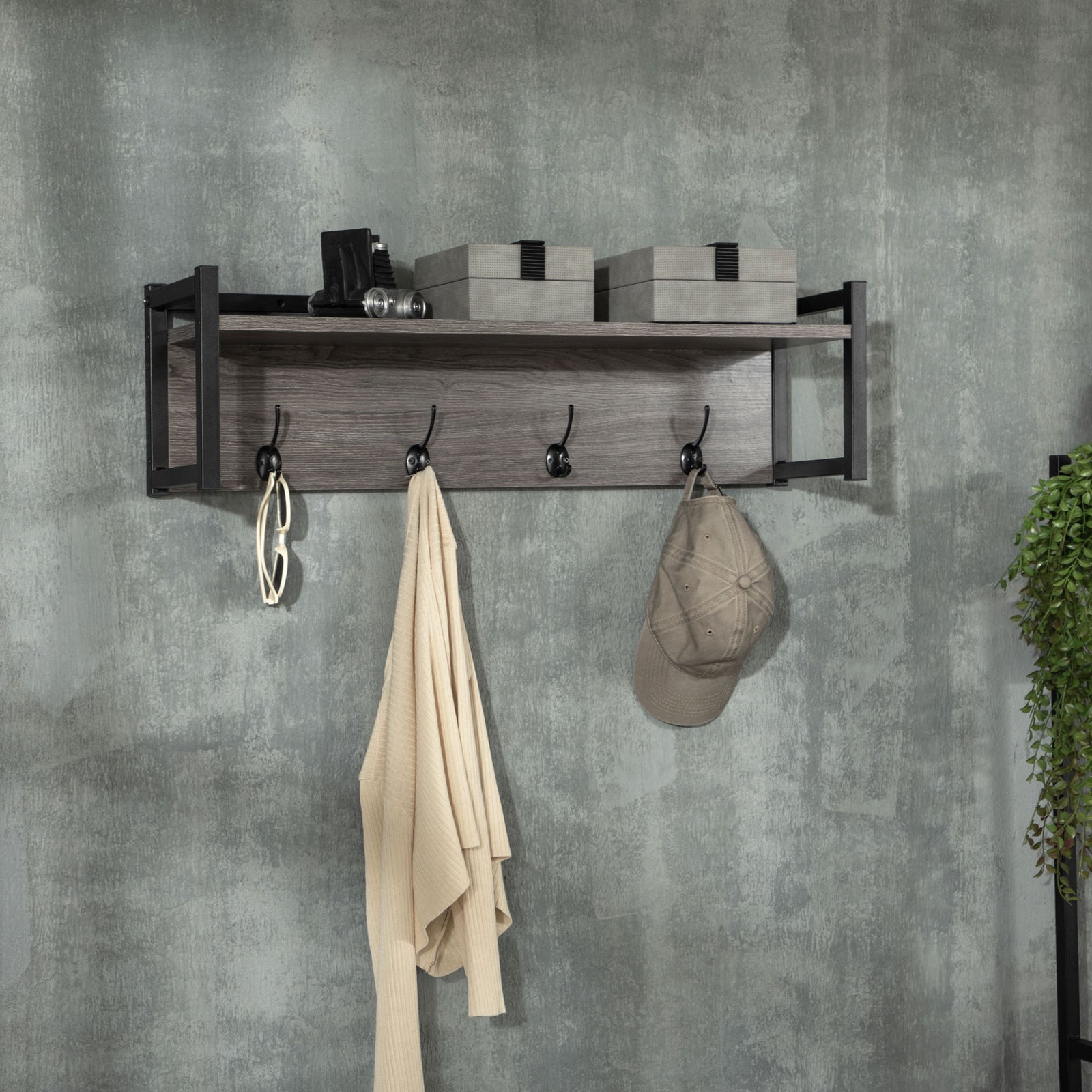 Rustic Wall-mounted Coat Rack Floating Shelf With 4 Hooks
