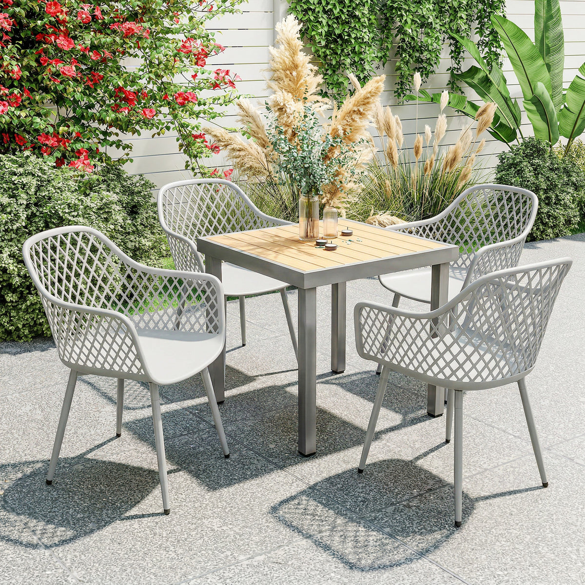 Garden Chairs Set, Garden Dining Chairs With Armrests | Set of 4 | Grey