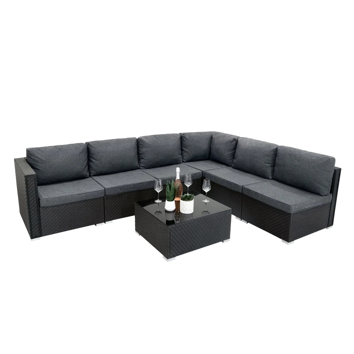 Rattan Modular 7 Piece Furniture Set - Black | Black