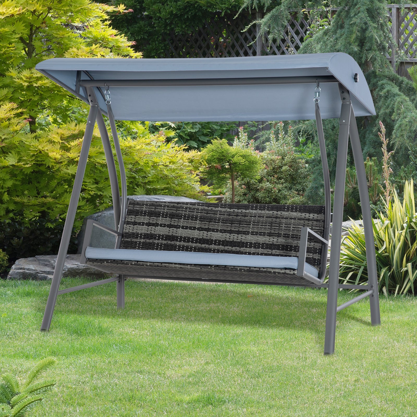 3 Seater Rattan Swing Chair With Adjustable Canopy & Cushion