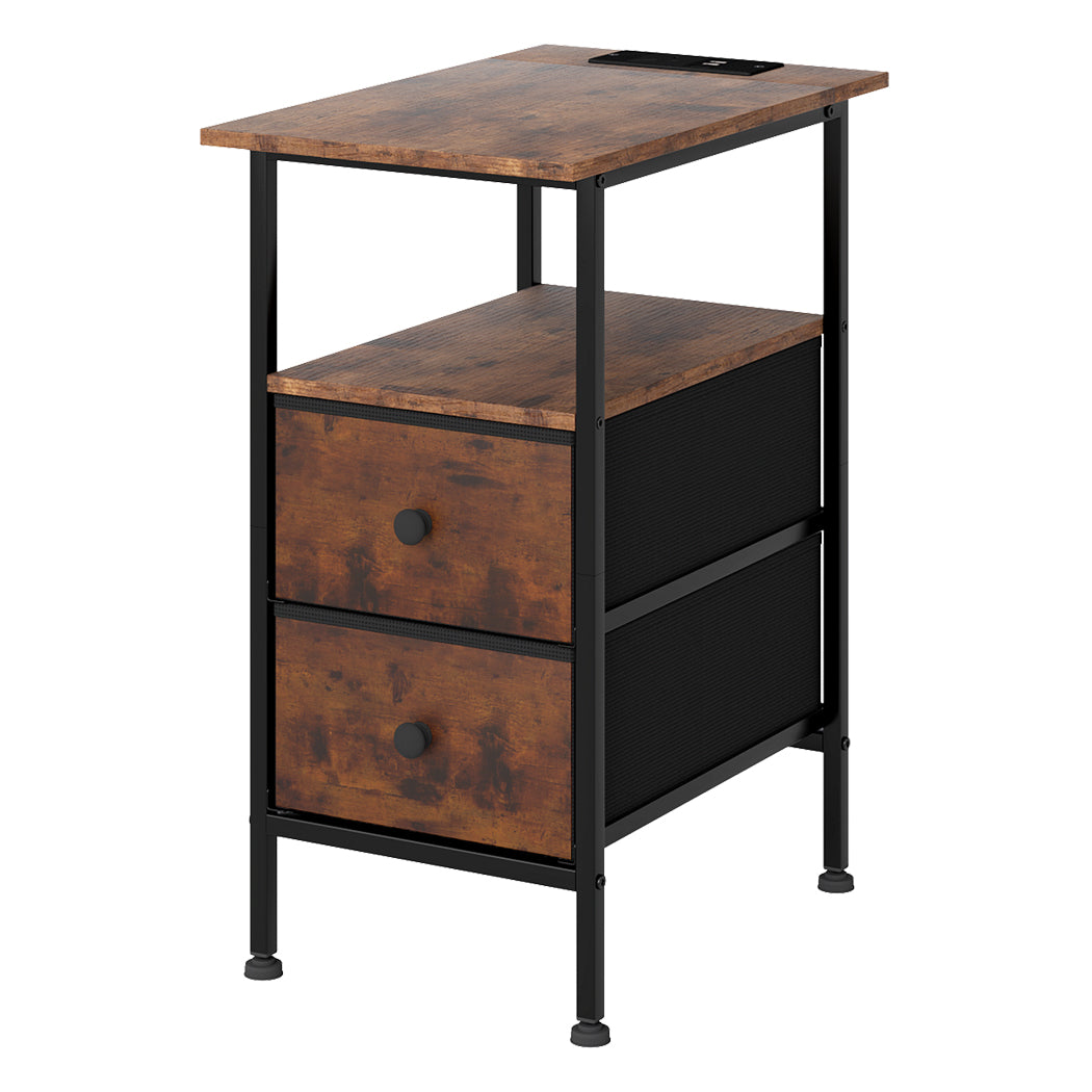 Bedside Table Side Cabinet Storage Nightstand Charging Station 2 Drawers | Brown