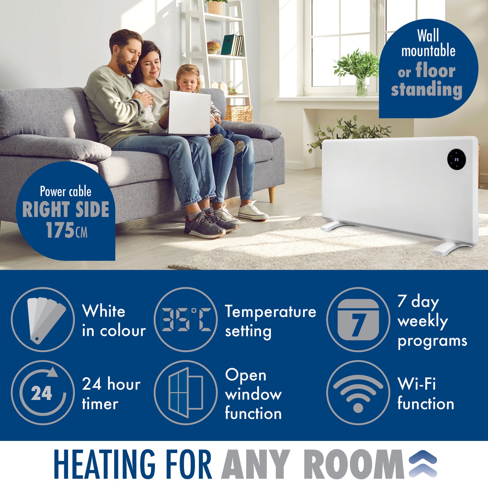 Wifi Smart Electric Radiator Panel Heater White Wall Mounted Or Floor Standing Bathroom Safe Timer And Thermostat | 2000w | White
