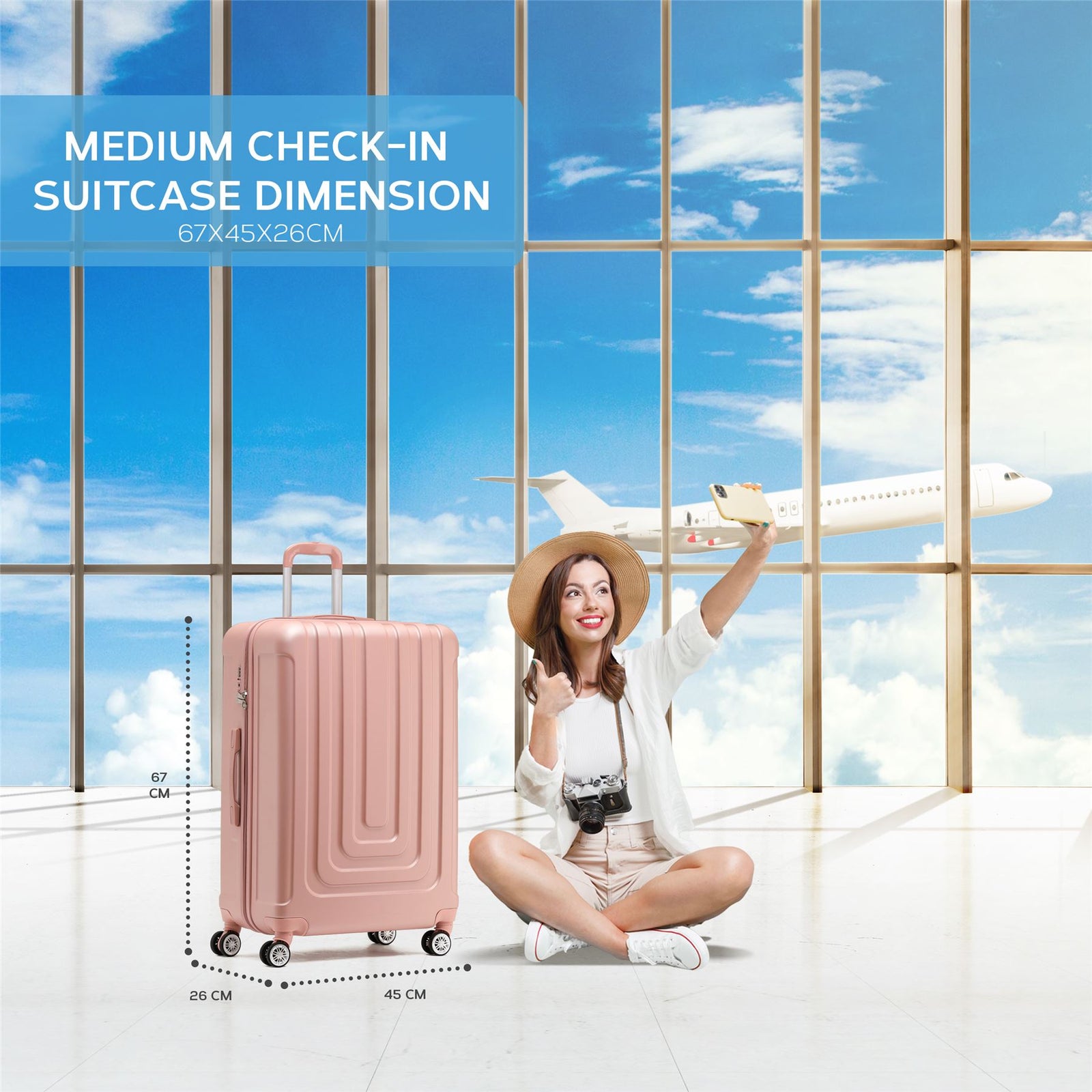 Medium 26" Hard Shell Check In Suitcase 8 Spinner Wheels Hold Luggage | Medium | Rose Gold