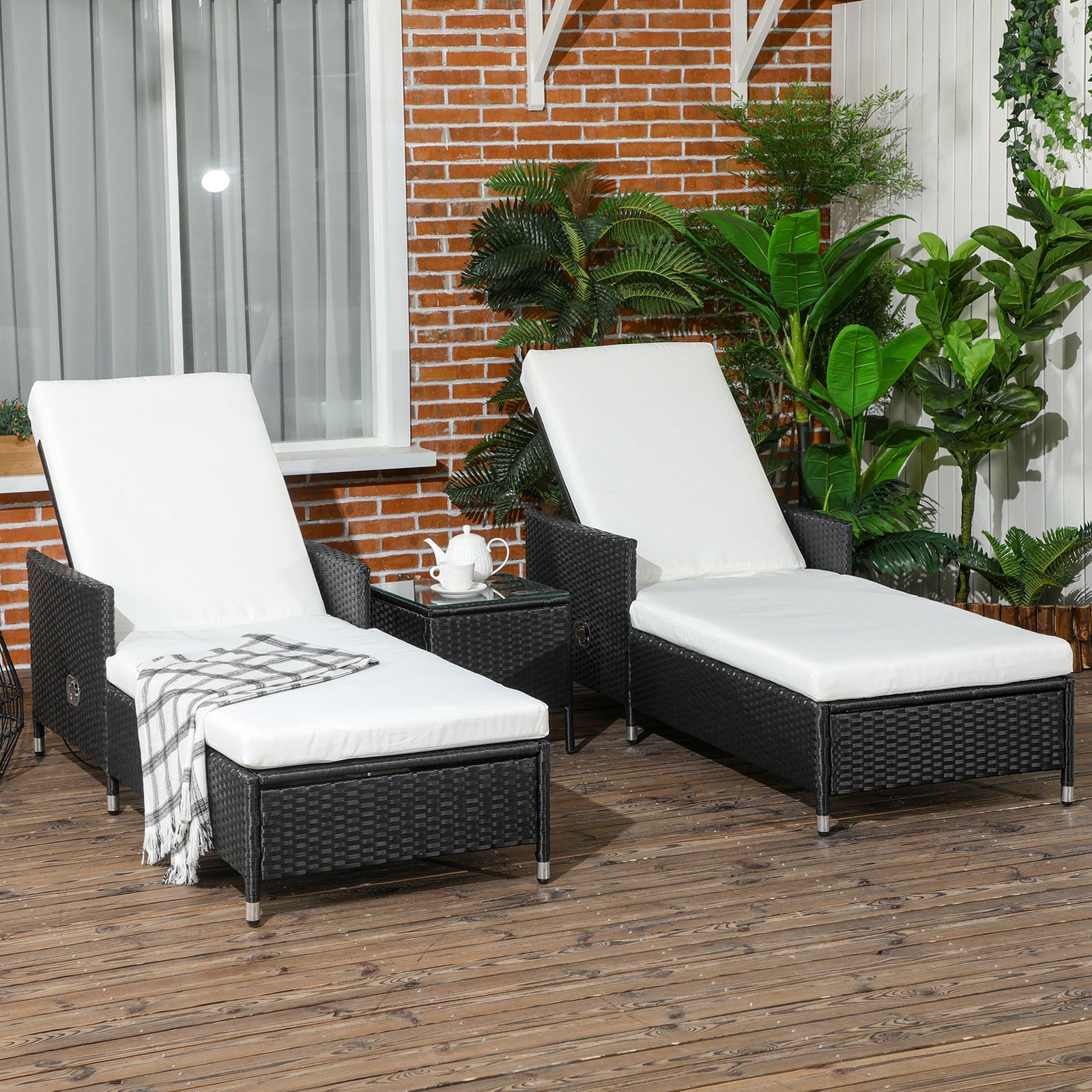 3pc Rattan Sun Lounger W/ Cushions & Table - Cream