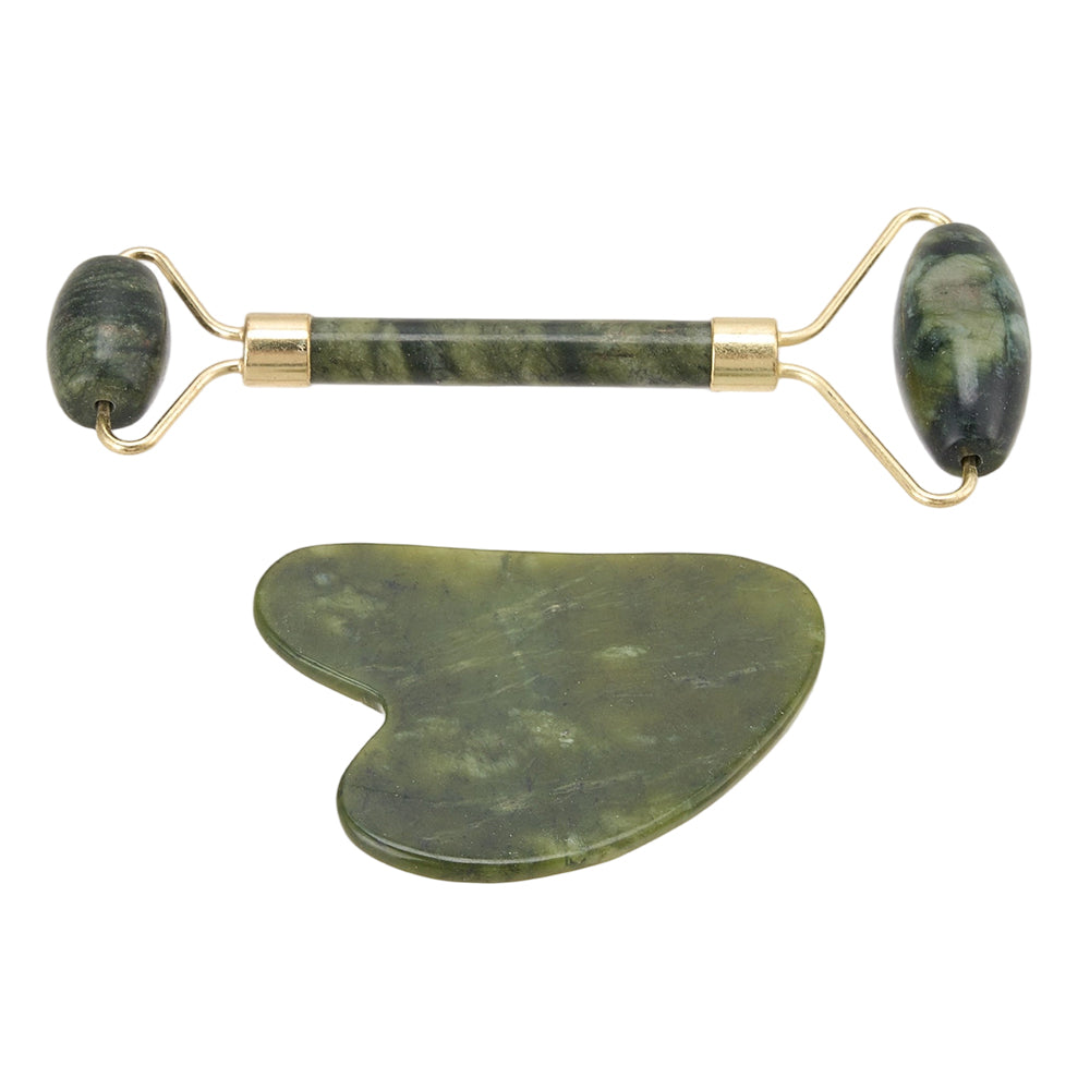 Gua Sha And Jade Roller Set For Facial Massage | Dark Green