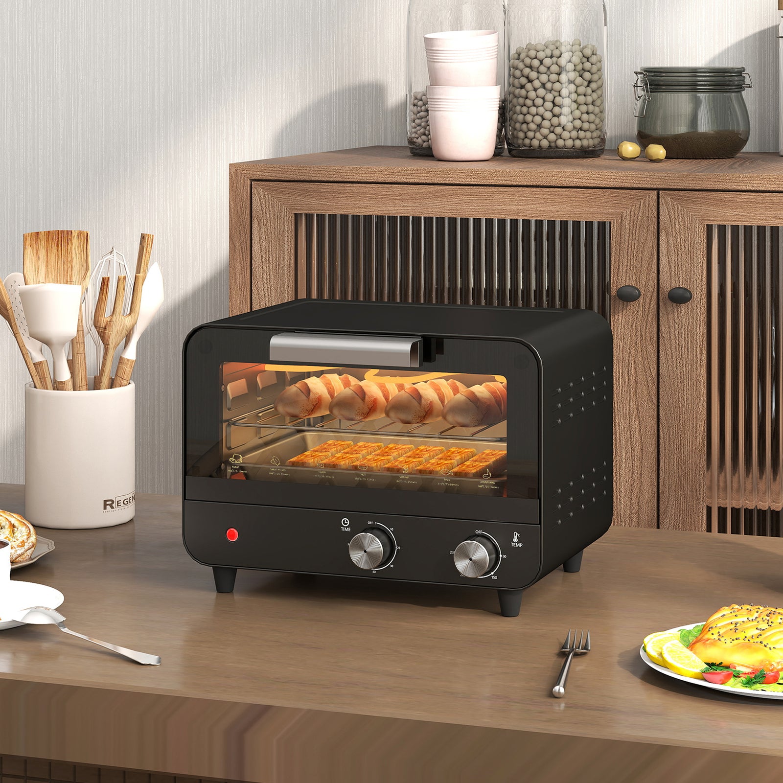 Small Toaster Oven, 12l Mini Countertop Oven With Glass Door, Black