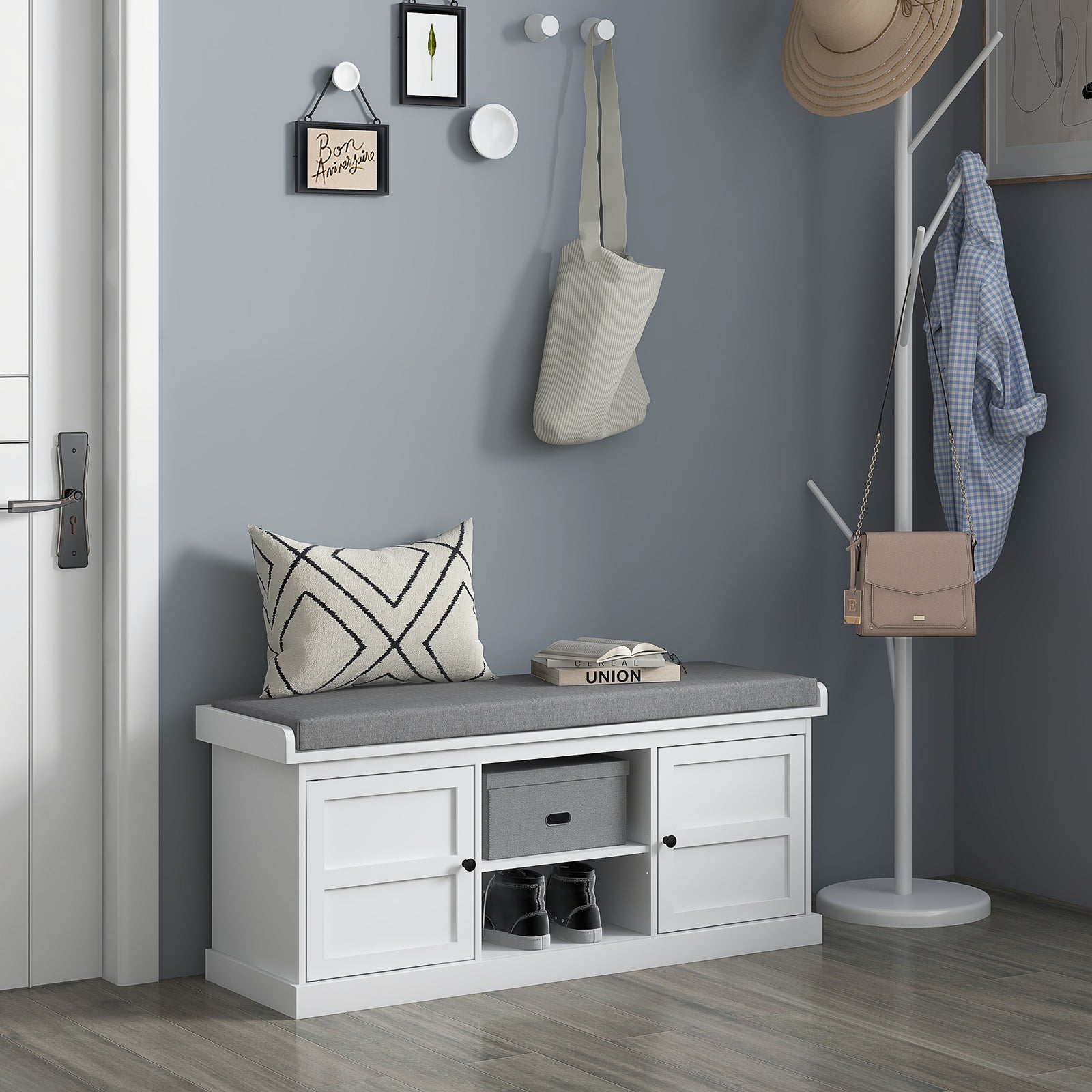 Shoe Storage Bench With Cushion 2 Cabinets For Entryway