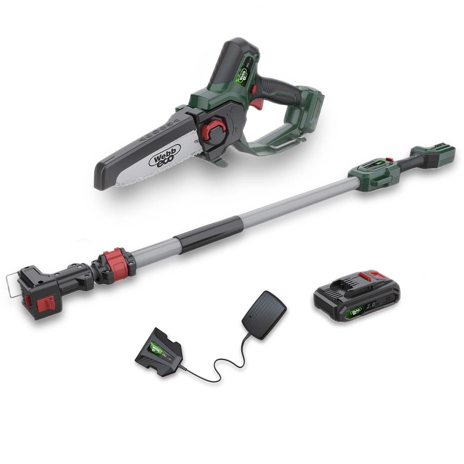 Eco 20v 15cm Cordless Pruning Saw With 100-215cm Telescopic Pole And 2ah Battery