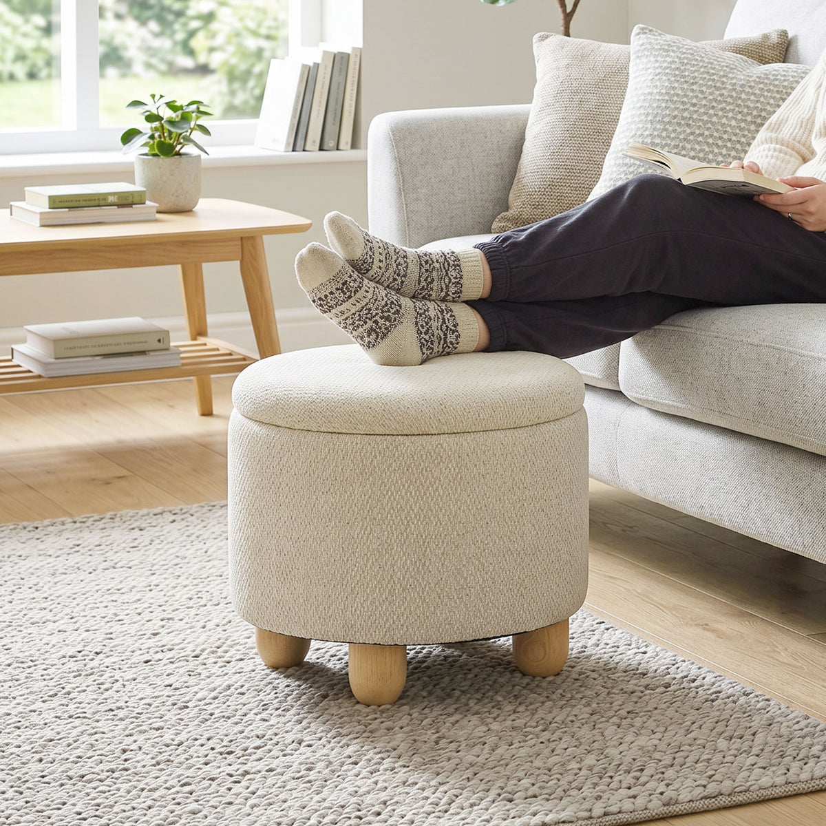 HOMCOM Round Storage Ottoman With Reversible Lid