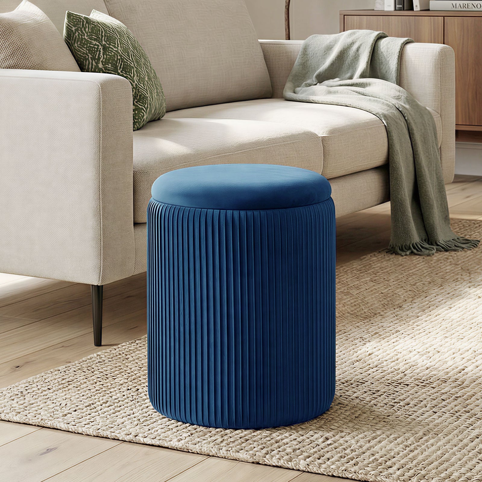 Round Storage Ottoman With Removable Top | Blue