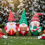2.1m W Inflatable Christmas Gnomes Trio – Outdoor Decoration With Led Lights, Air Blower, Stakes & Water Bags