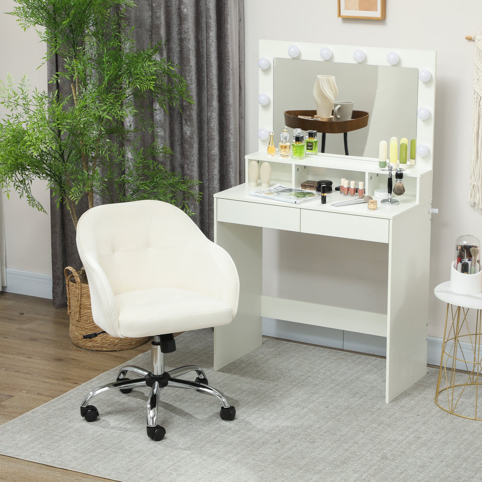 Vanity Chair For Desk, Wheels | Cream