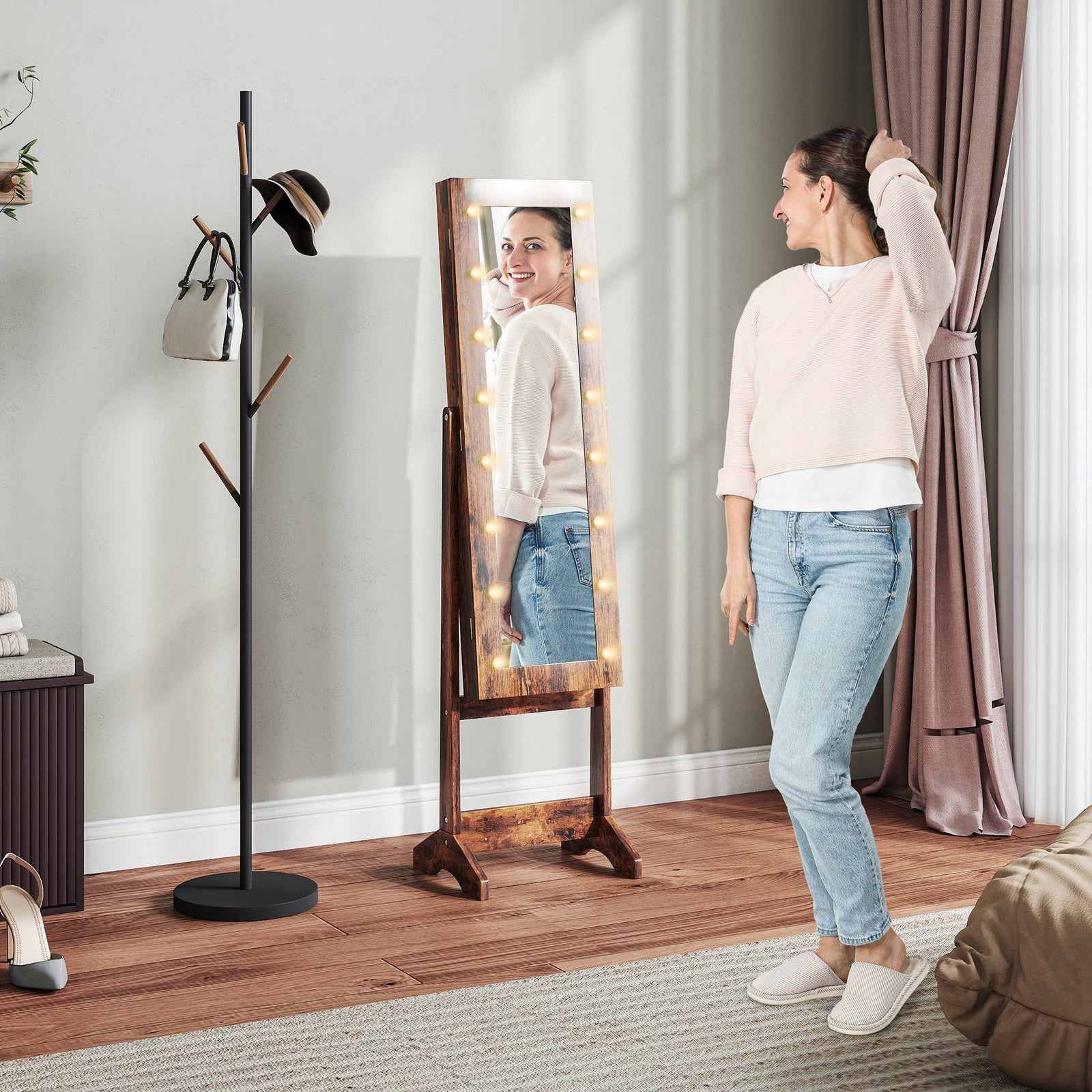 Freestanding Mirror Jewelry Cabinet With Led Lights | Brown