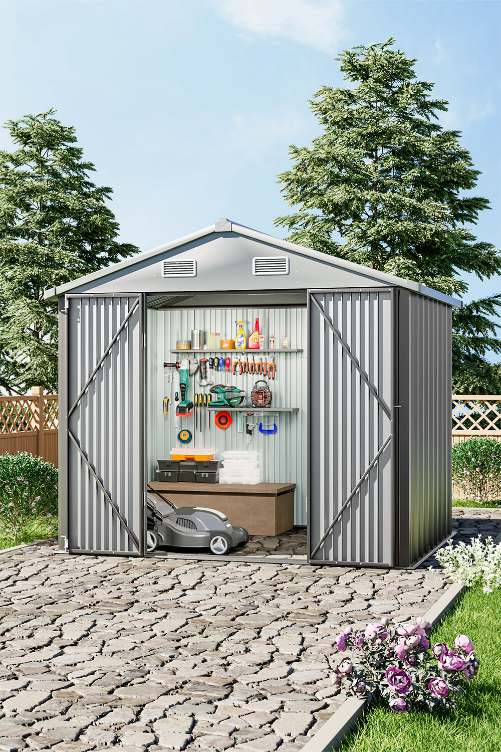 6x8ft Outdoor Metal Storage Shed Galvanised Tool Storage Shed With Lockable Door