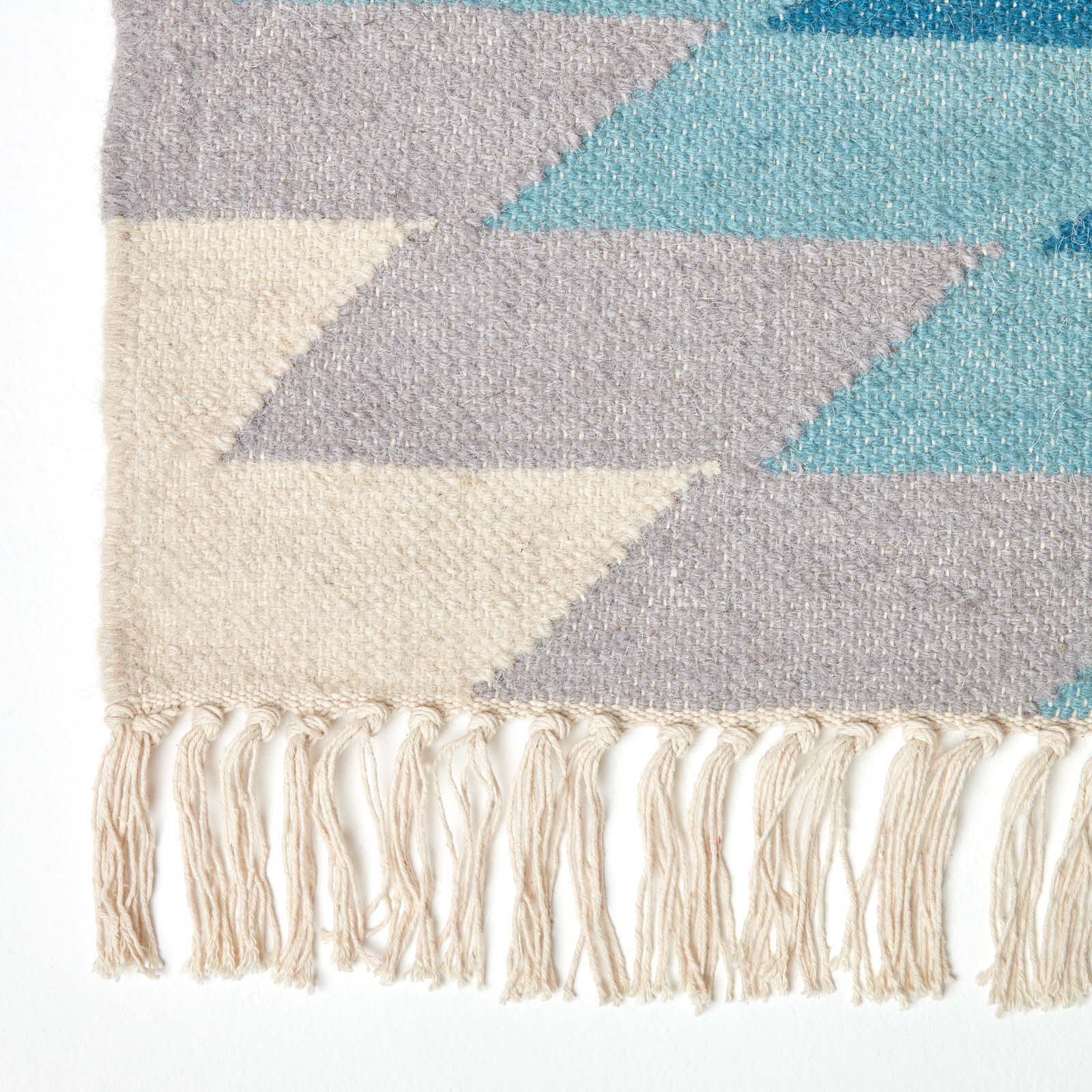 Helsinki Handwoven Geometric Blue Grey And Cream Kilim Wool Rug | 200cm | Blue & Grey
