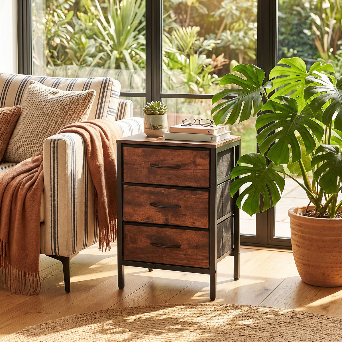 Breeins Nightstand Bedside Table With 3 Fabric Storage Drawers