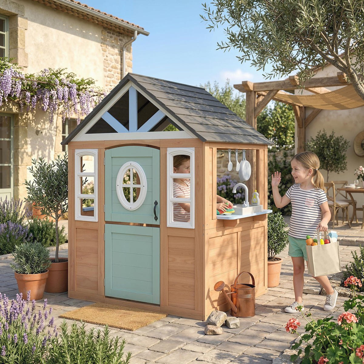 AIYAPLAY Playhouse For Kids, Wooden Wendy House With Pet Door, Play Kitchen
