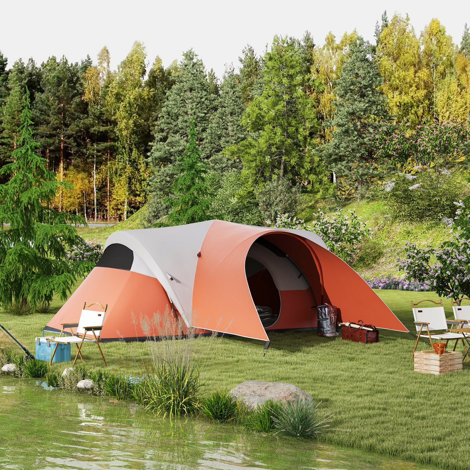 3000mm Waterproof Camping Tent W/ Porch Sewn In Groundsheet | Orange