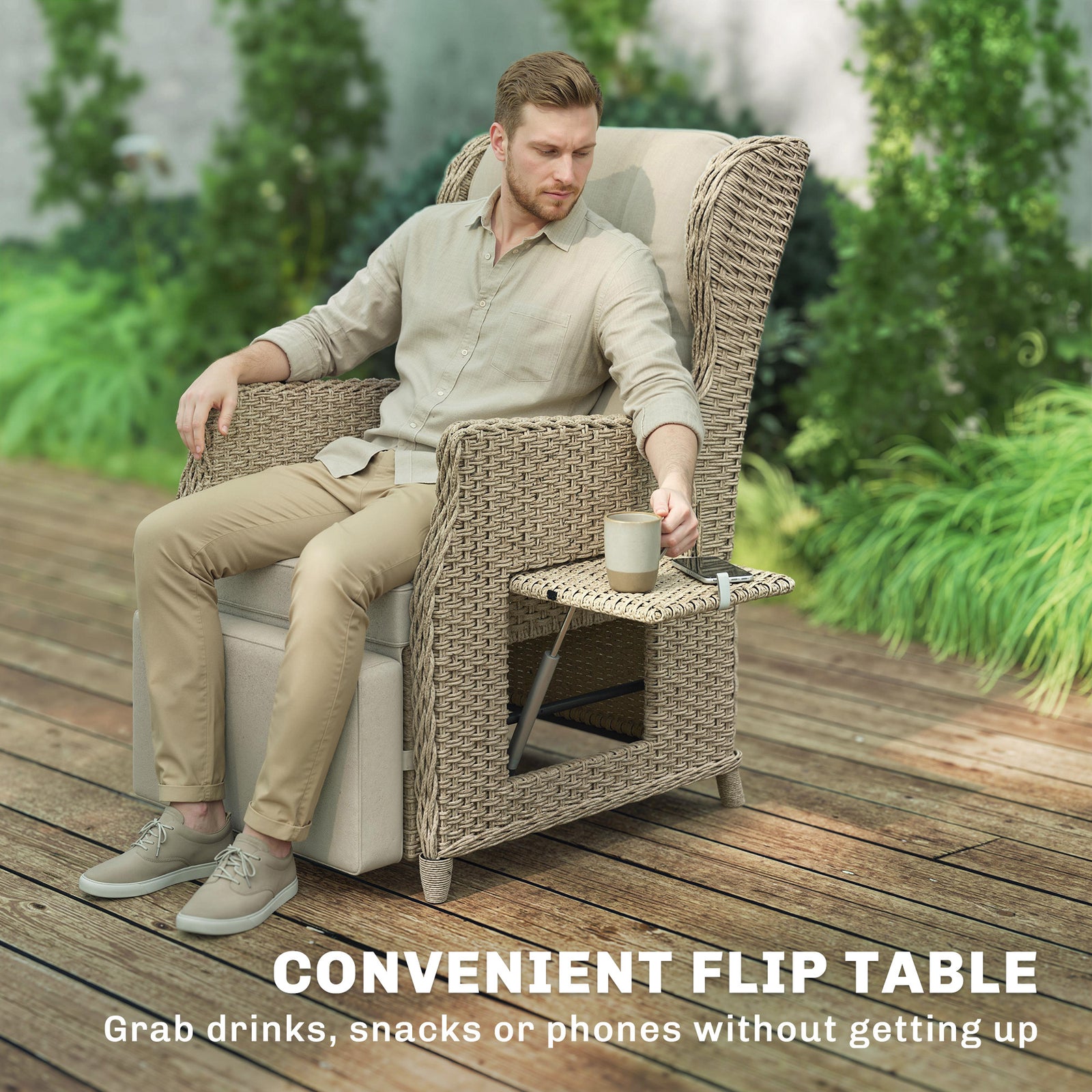 Rattan Garden Recliner Chair With Flip Table | Brown