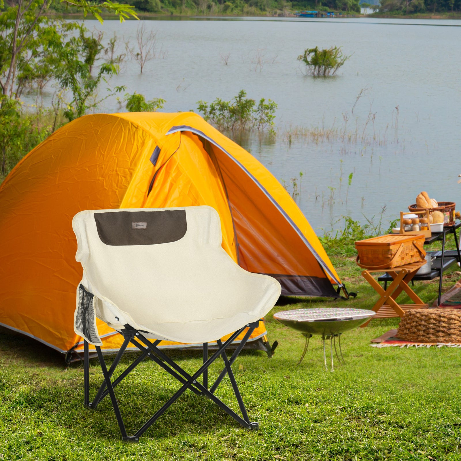 Folding Camping Chair W/ Carrying Bag And Storage Pocket | White