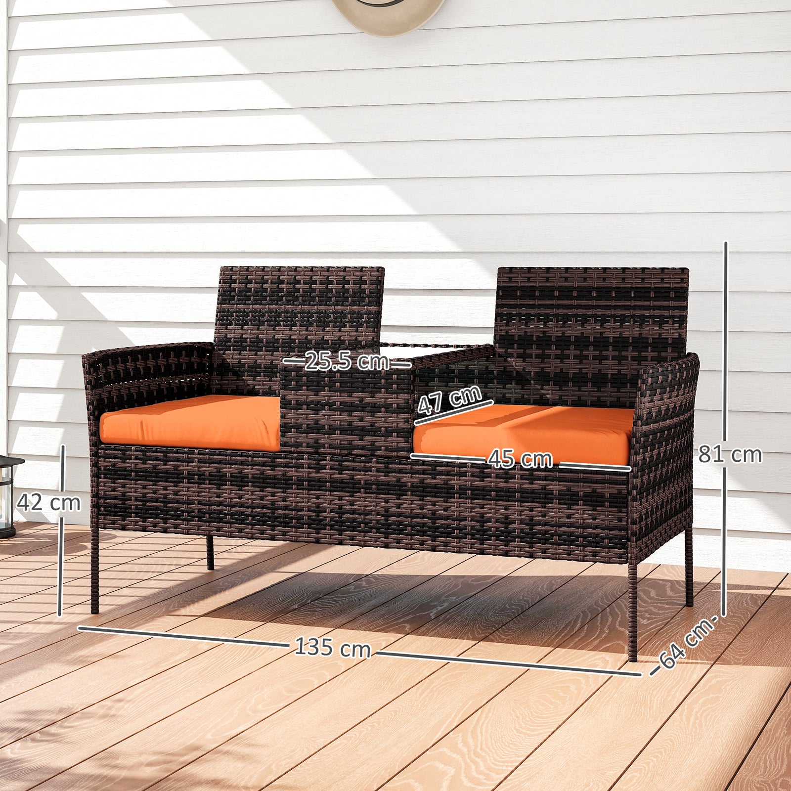 Rattan Garden Bench W/ Glass Tea Table, Wicker Chair W/ Cushions | Brown