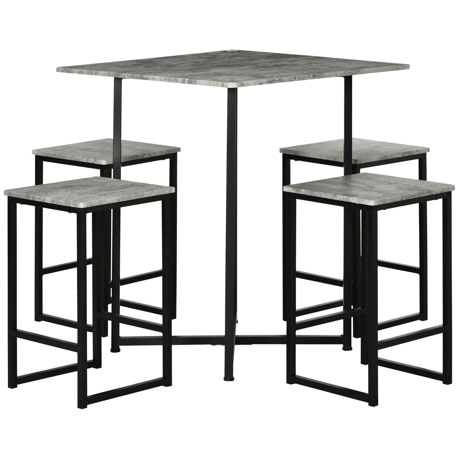 Square Bar Table Set With Stools, Concrete Effect